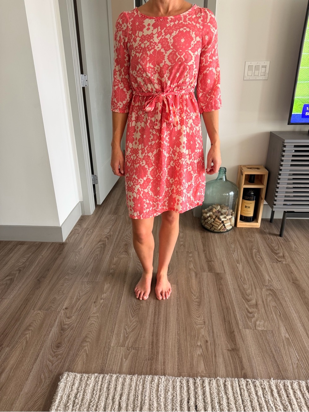 H&M Coral-Pink Printed Tie-Waist Mini Dress